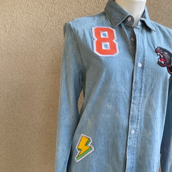Boyfriend Chambray Button Down Patch Denim Shirt - Picture 9 of 9